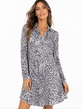 Cabi Printed Long-Sleeve Shirt Dress in Black and White (Size:med)